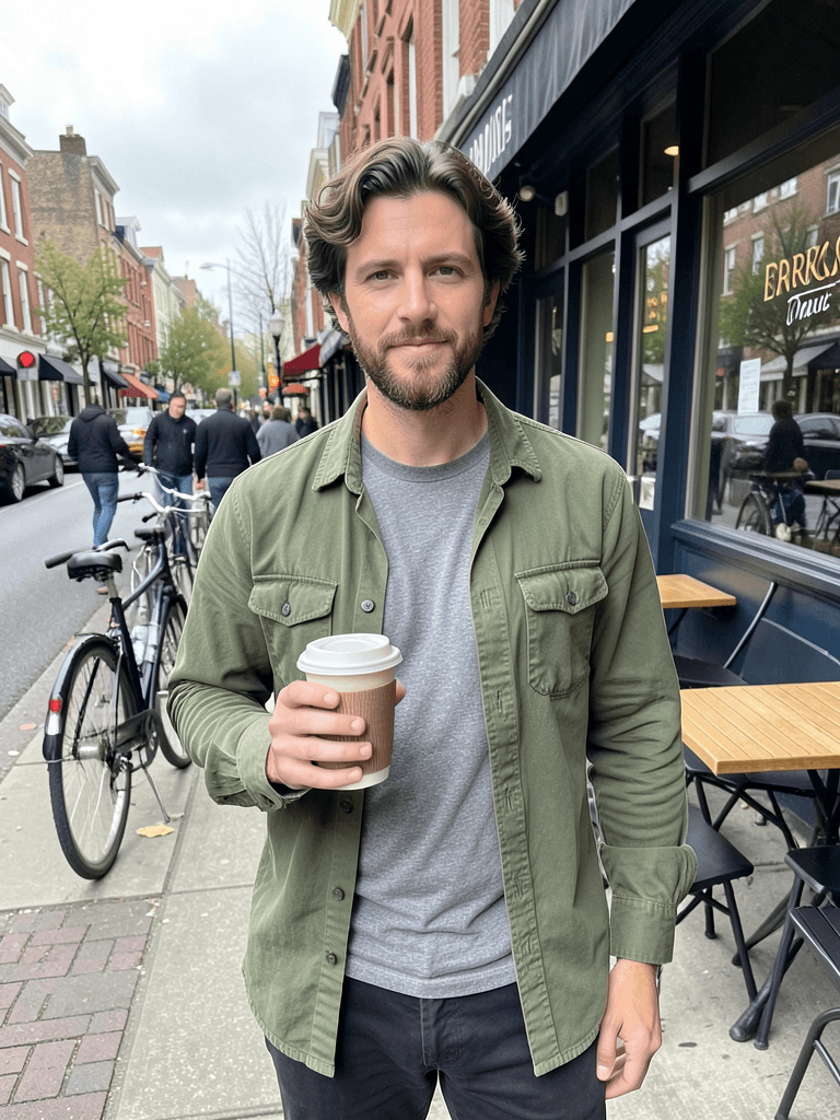Adult man holding coffee outside a neighborhood cafe