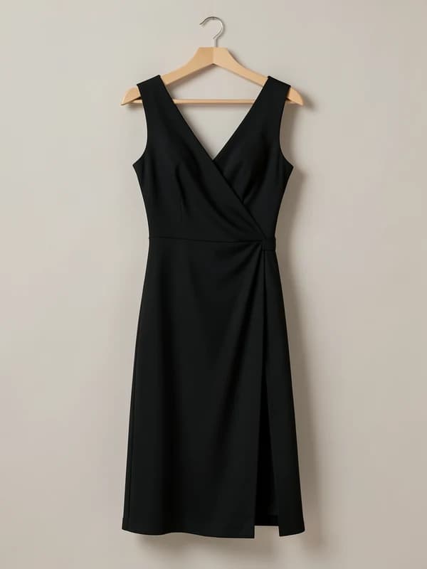 Product reference showing a black sleeveless wrap dress on a wooden hanger