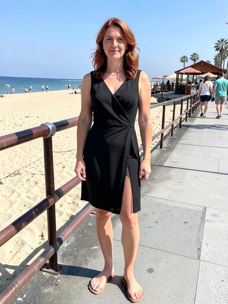 Cevuno dual-reference result showing the same woman on the promenade wearing the referenced black dress