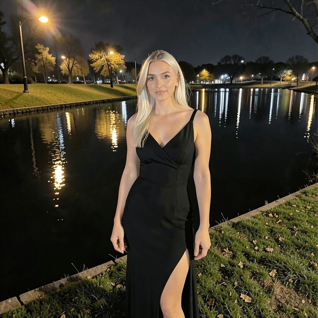 The same adult character in a black evening dress